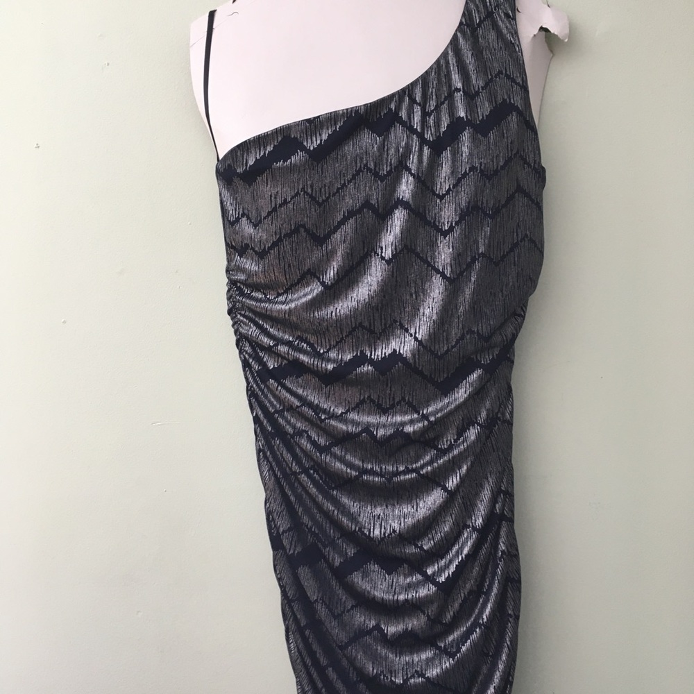 Silver and navy blue off the shoulder dress